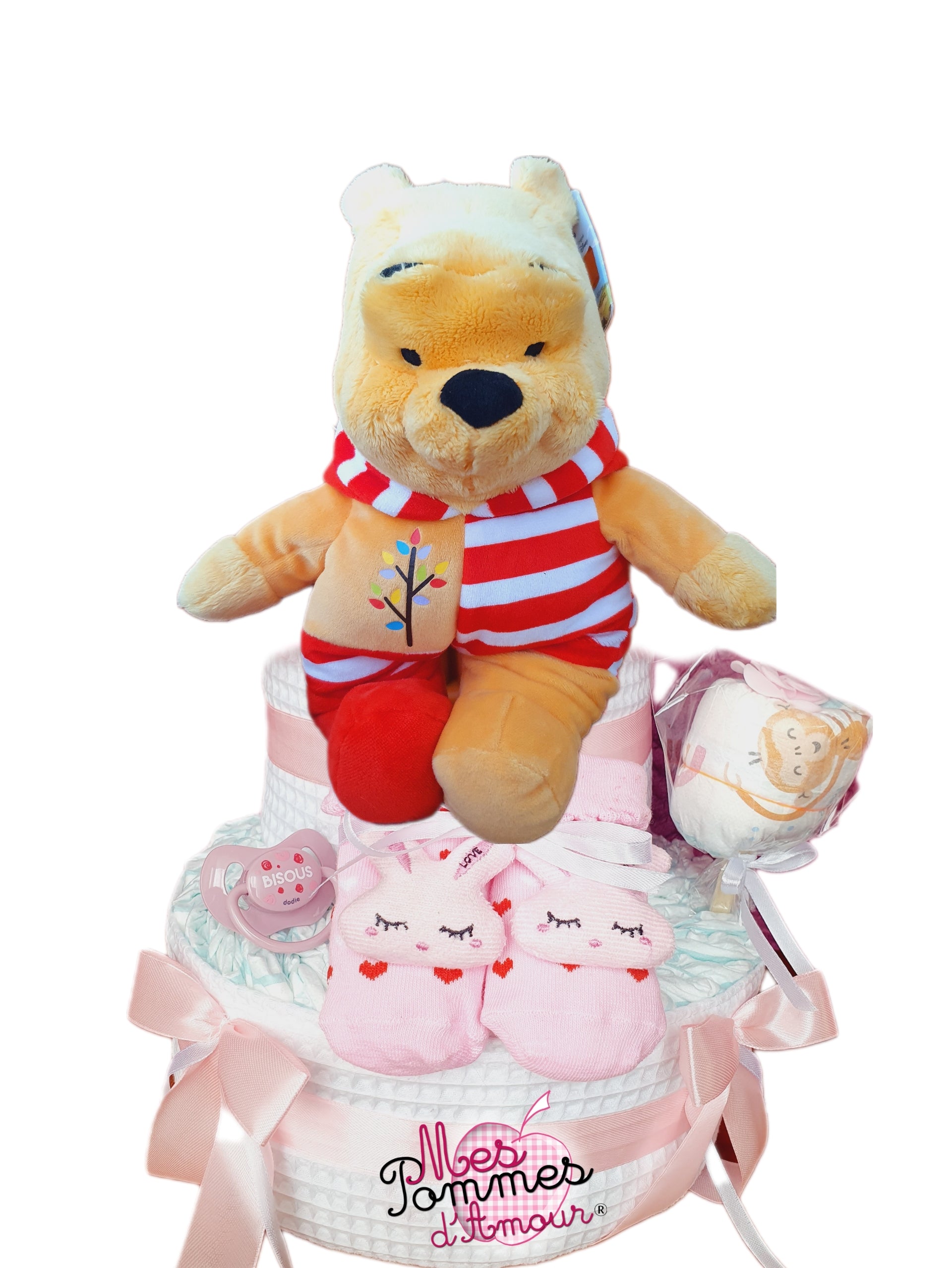 gateau de couches bébé baby s cake diaper cake mes pommes d'amour peluche winnie en pyjama