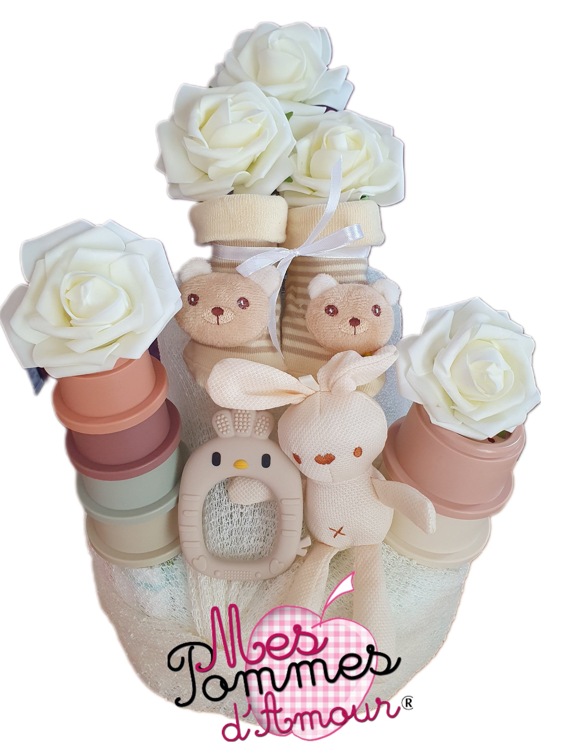 gateau de couches neutre mixte beige avec doudou lapin