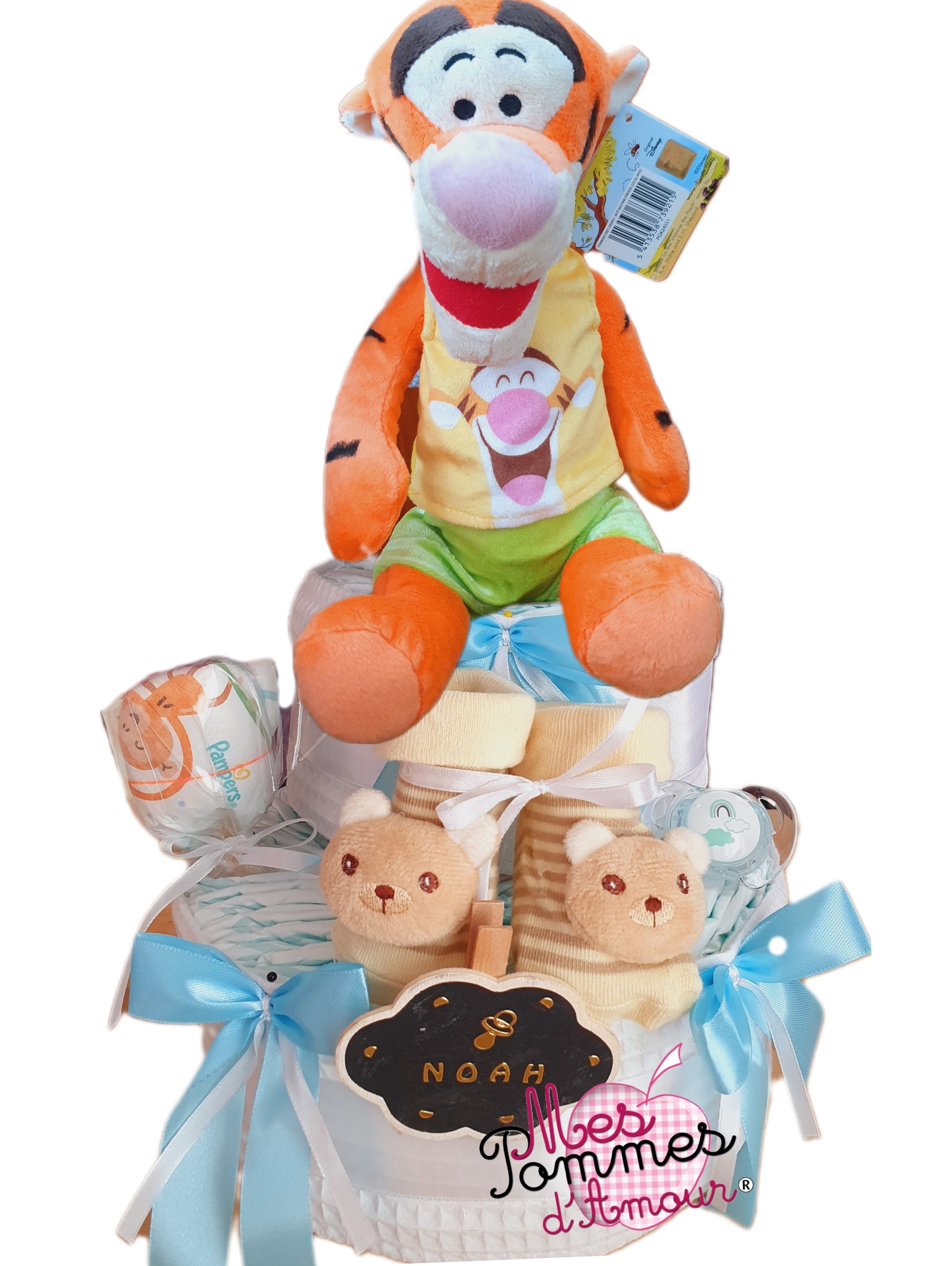 gateau de couches bébé baby s cake diaper cake grande peluche tigrou en t-shit pour garcon et fille