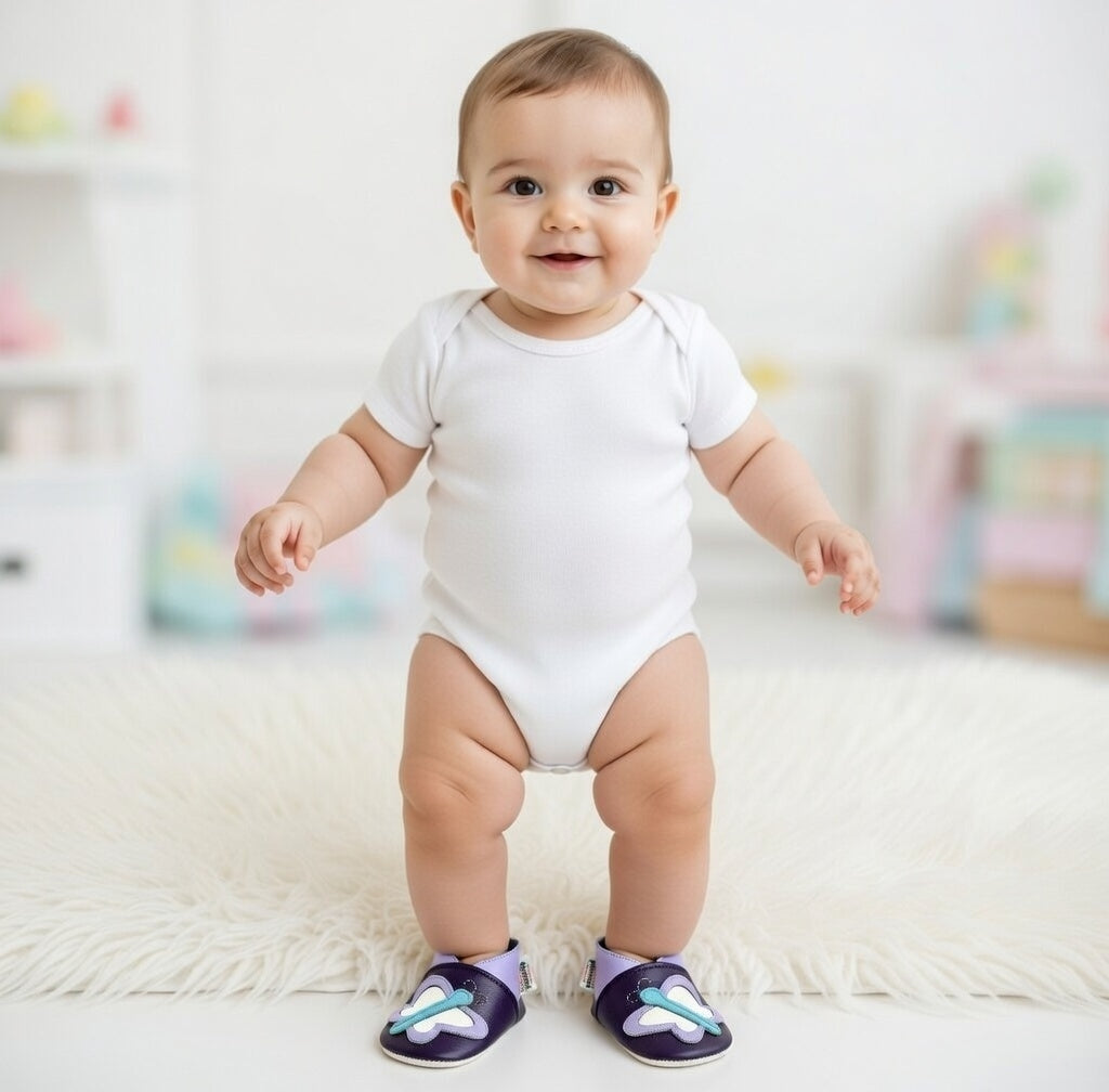 chaussons en cuir fille Papillon Violet - Mes Pommes D'Amour Cadeaux naissance