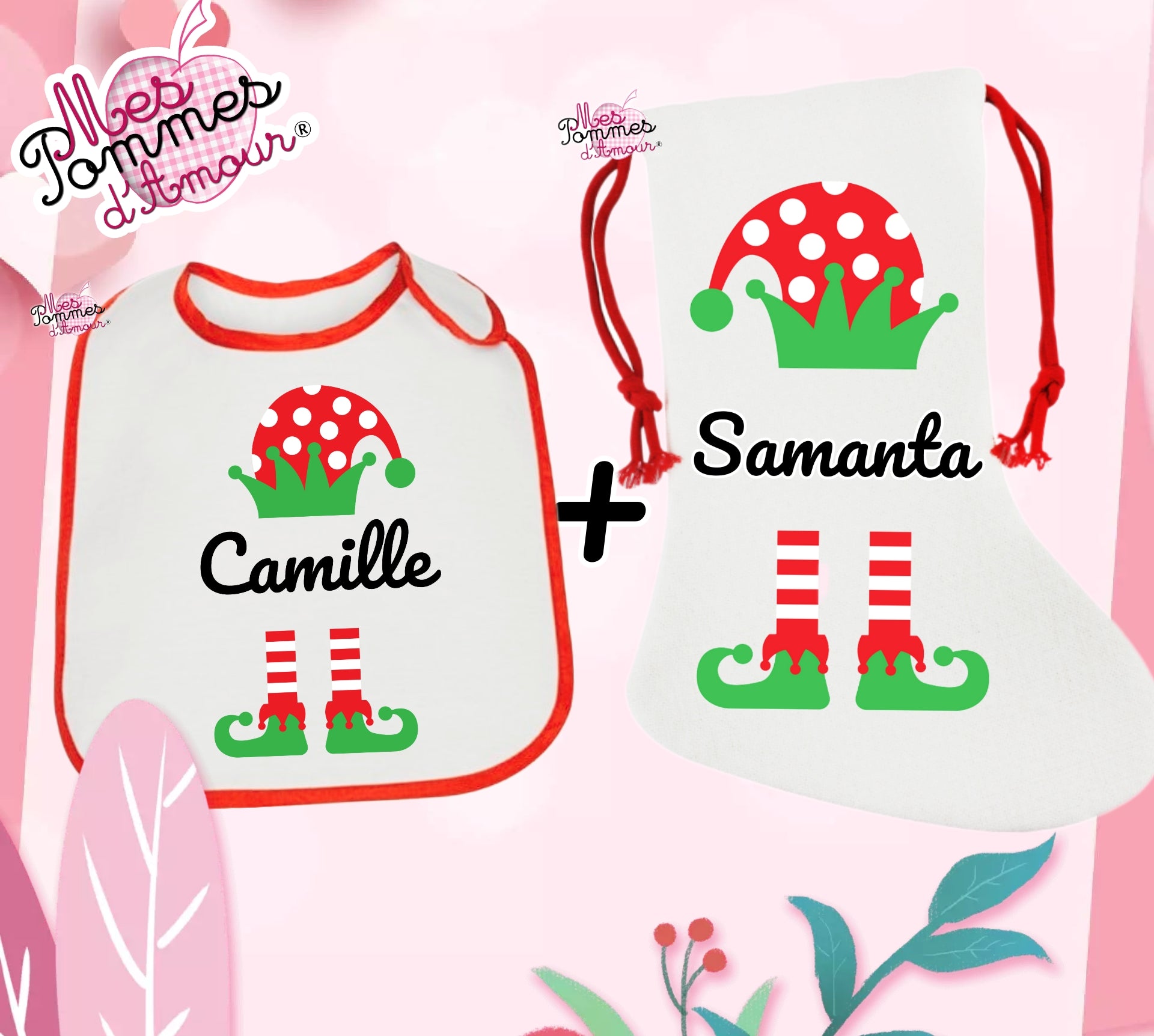 Lot Chaussette + bavoir lutin Noël fille ou garçon