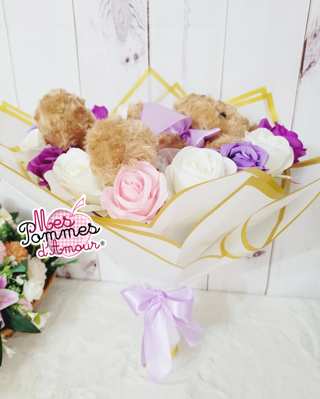 Bouquet cœur ourson mauve violet