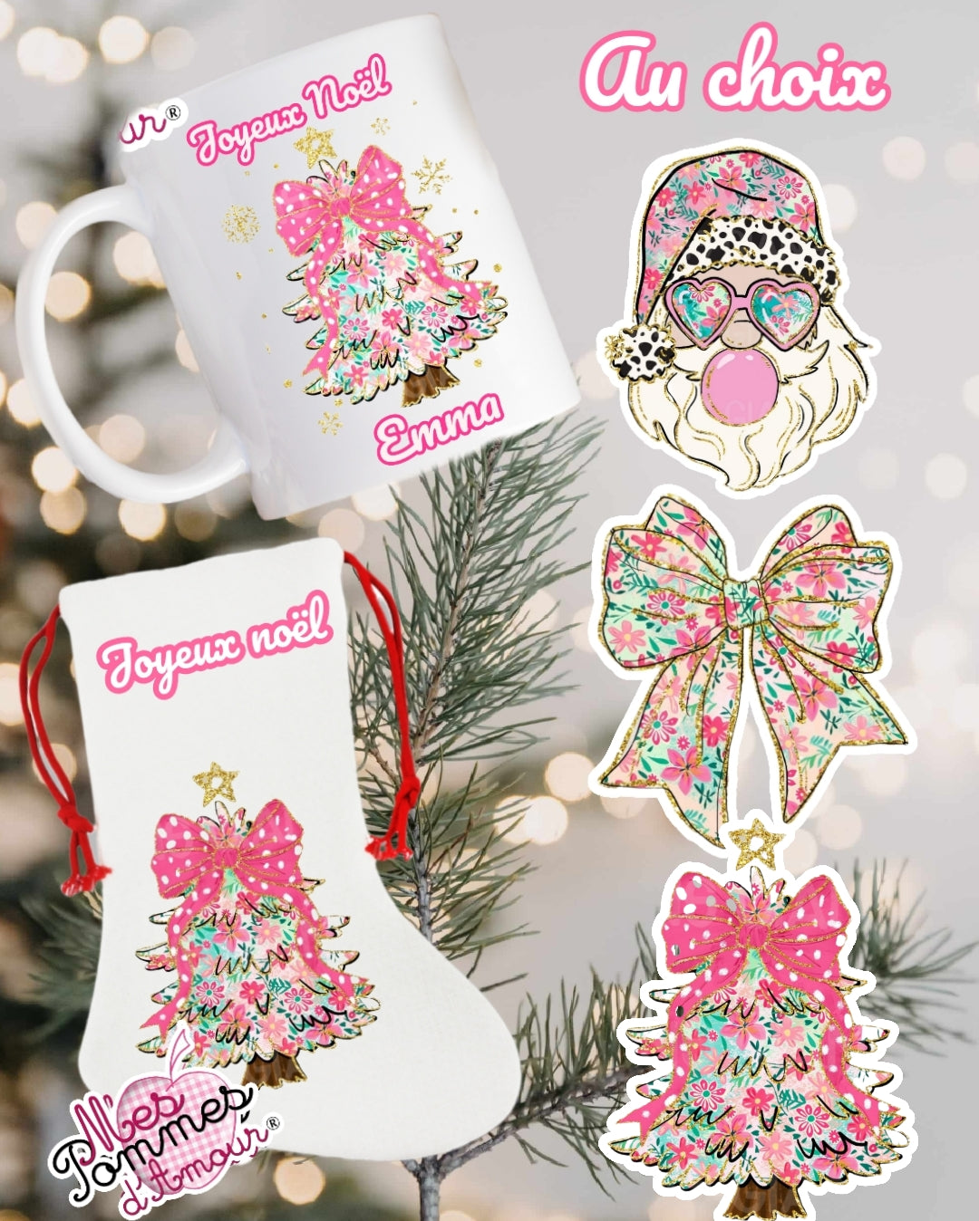 Lot Chaussette + mug de Noël personnalisée fille 3 motifs