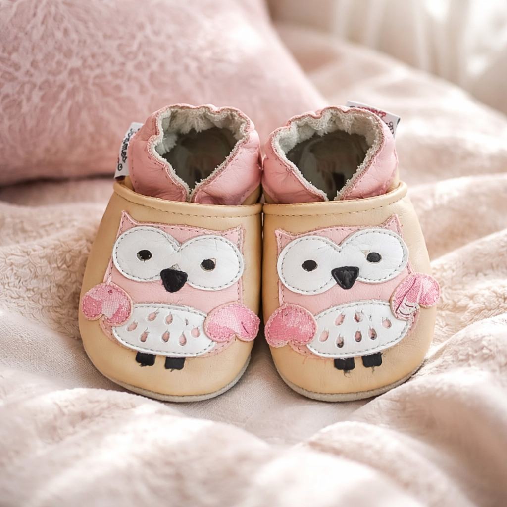 Chaussons en cuir souple filles - Modèle Chouette confortables et tendances - Mes Pommes D'Amour Cadeaux naissance