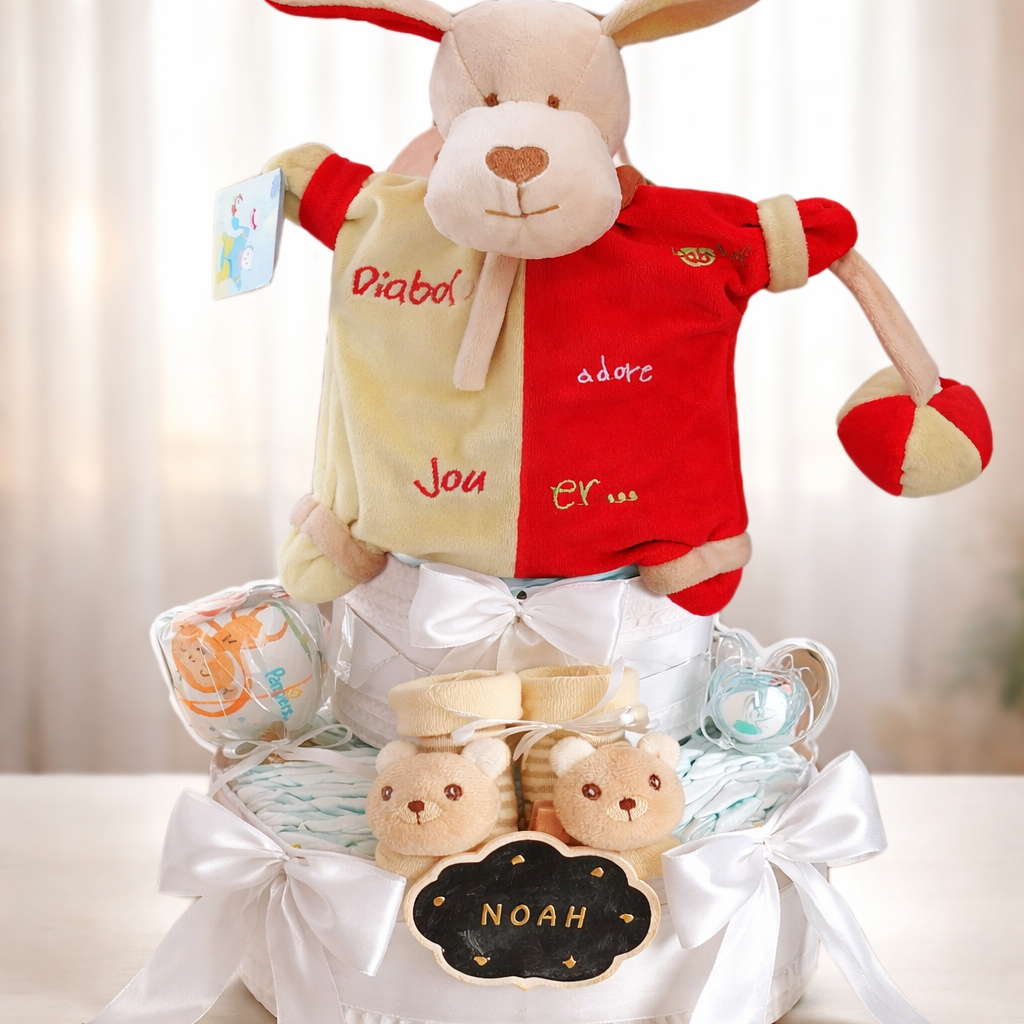 Gâteau de couches mixte doudou Diabolo Babynat cadeau naissance