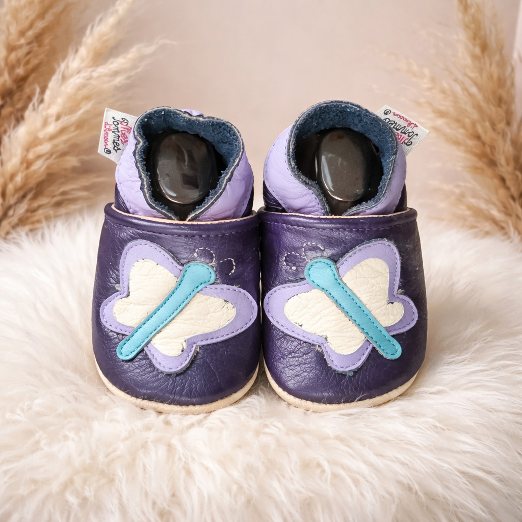 chaussons en cuir fille Papillon Violet - Mes Pommes D'Amour Cadeaux naissance