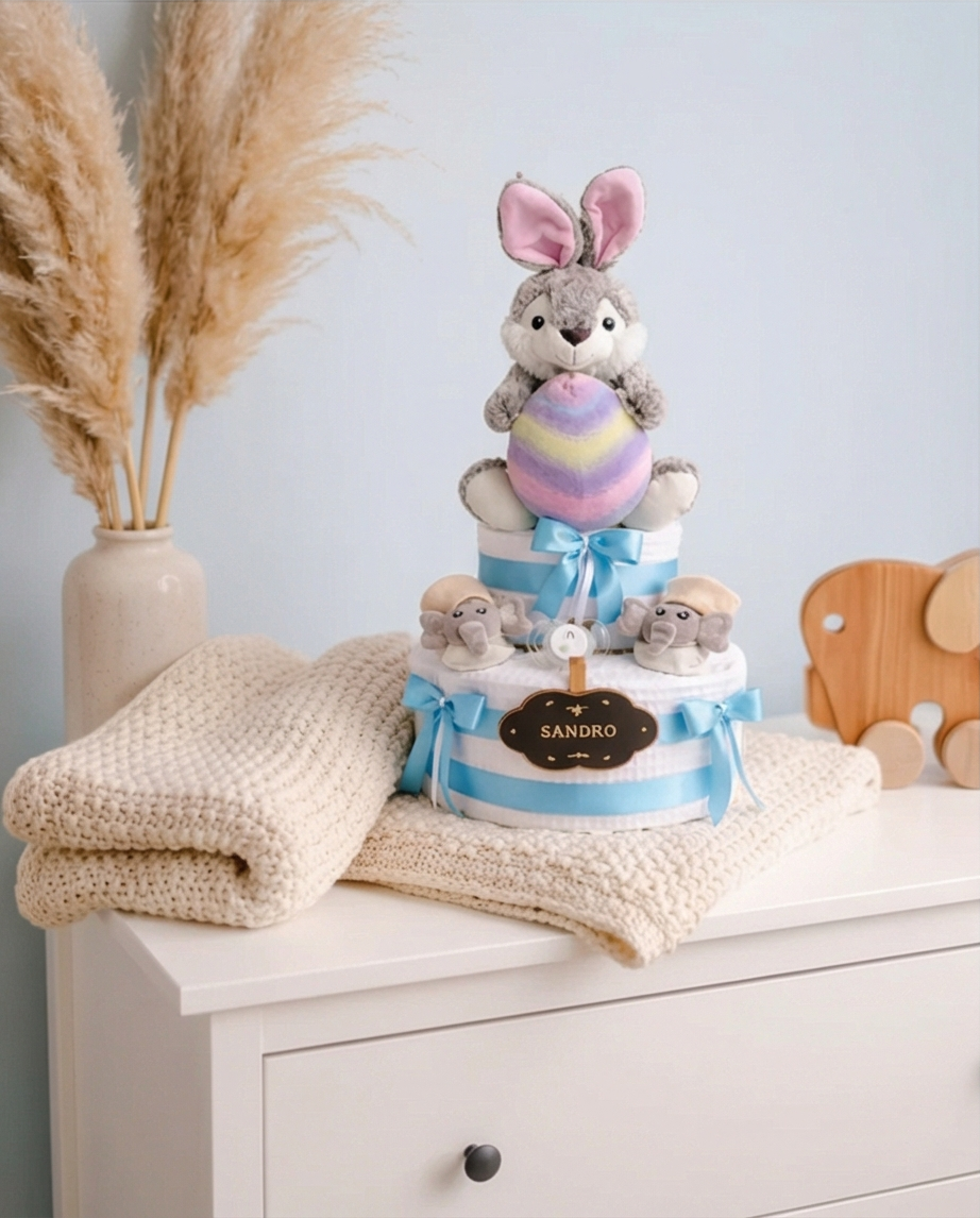 Gâteau de couches lapin de Pâques garçon – Décoration festive et utile - Mes Pommes D'Amour Cadeaux naissance