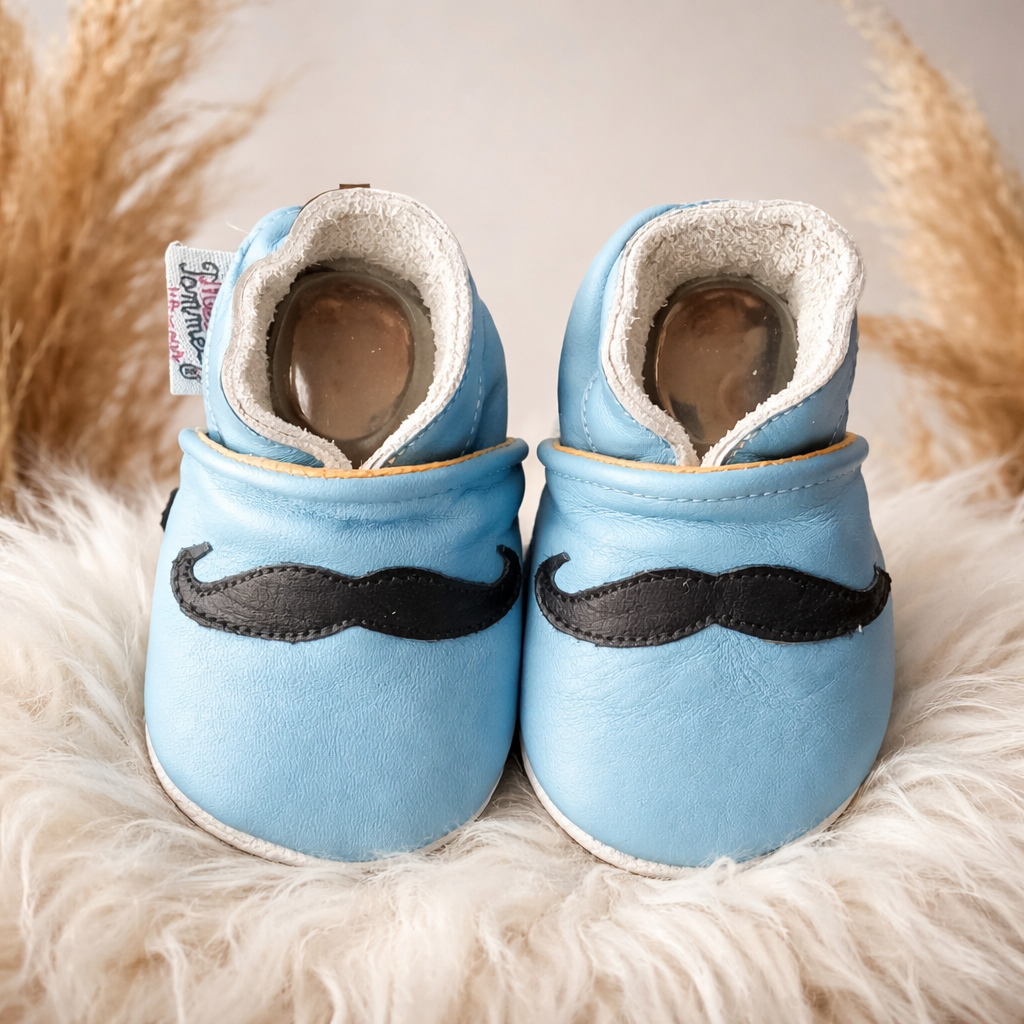 Chaussons en cuir garçon Moustache - Mes Pommes D'Amour Cadeaux naissance