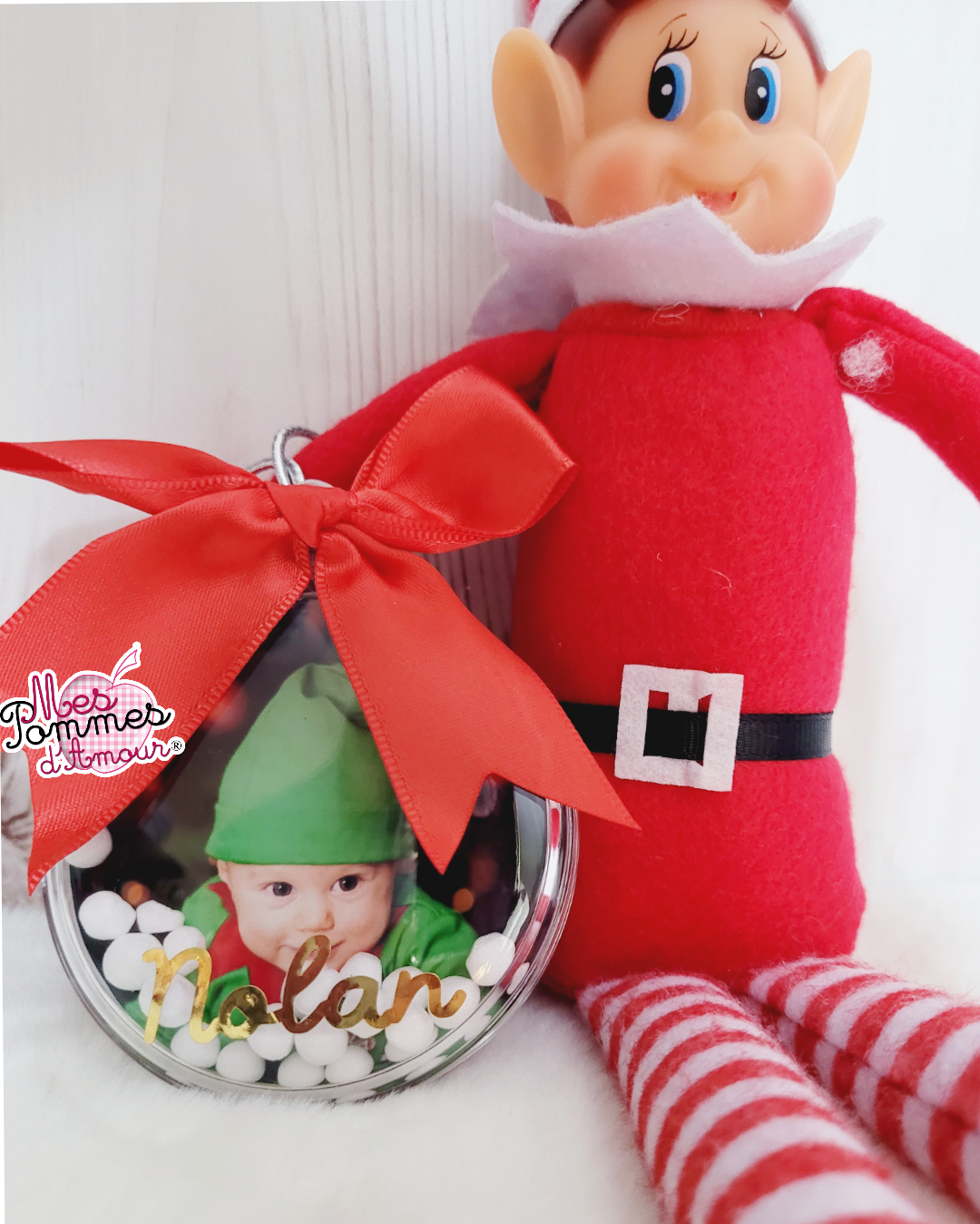 Boule de Noël plate avec photo prénom neige