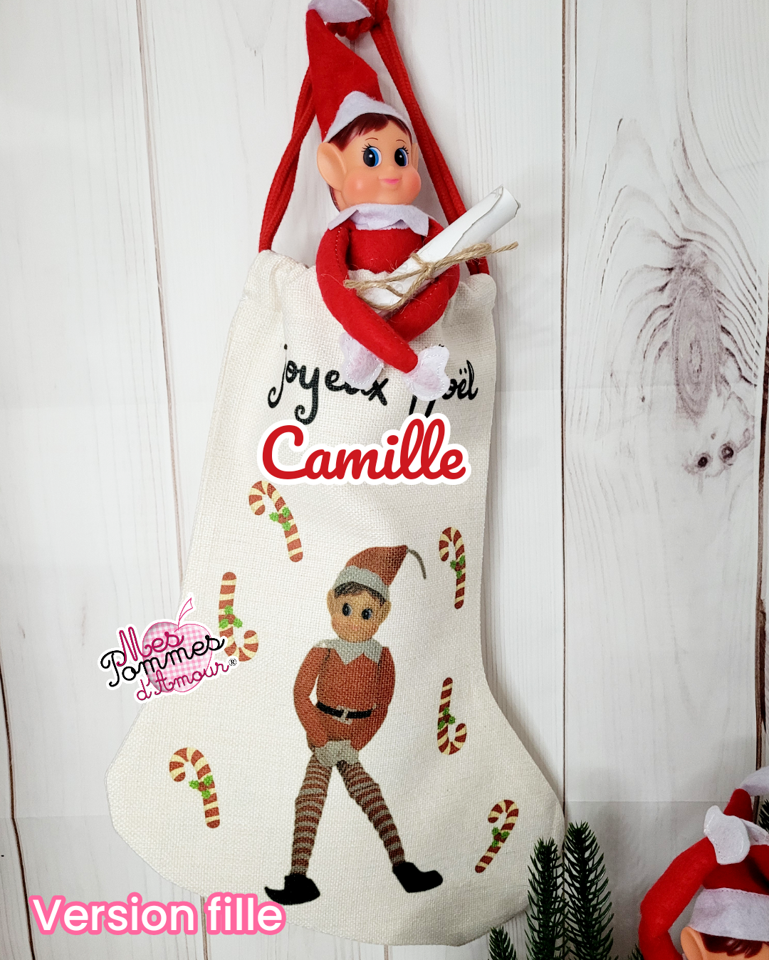 Lutin Farceur de Noël et sa chaussette personnalisée