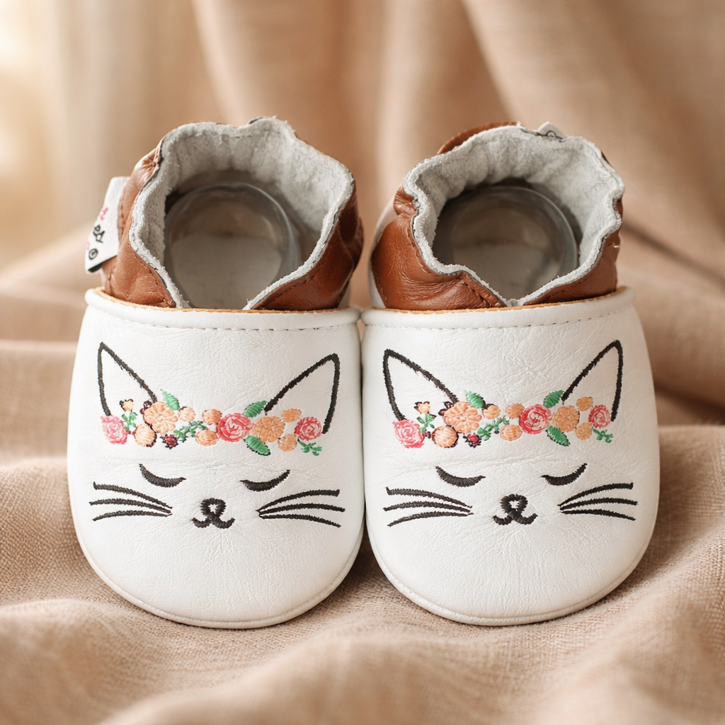 Chaussons cuir fille chat Petit Chat pour un confort agréable - Mes Pommes D'Amour Cadeaux naissance