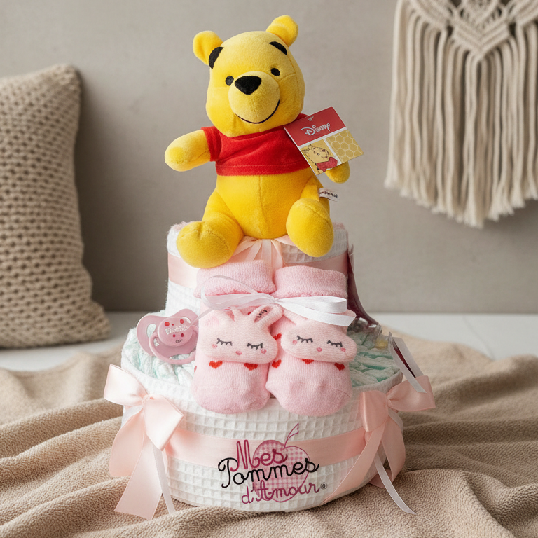 Gâteau de couches fille Winnie l'ourson - Mes Pommes D'Amour Cadeaux naissance