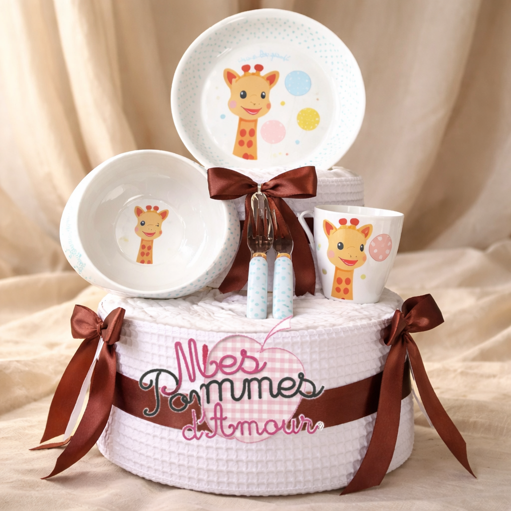 Gâteau de couches Sophie la girafe - Ensemble repas cadeau de naissance pour bébé