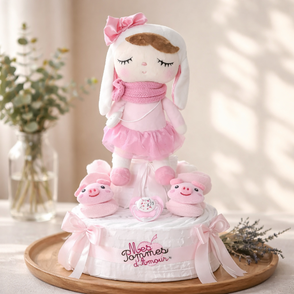 Gâteau de couches jolie poupée - Mes Pommes D'Amour Cadeaux naissance