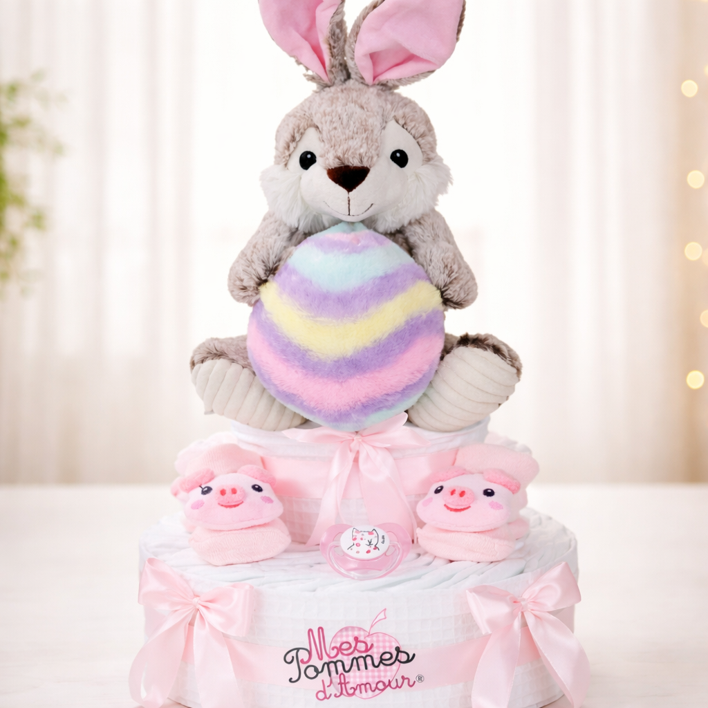Gâteau de couches fille peluche lapin de Pâques