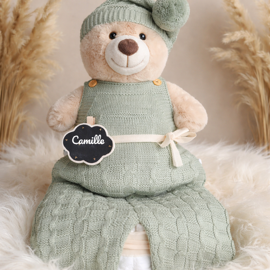 Gâteau de Couches Prestige – Cadeau de Naissance Personnalisé layette & Ourson amande