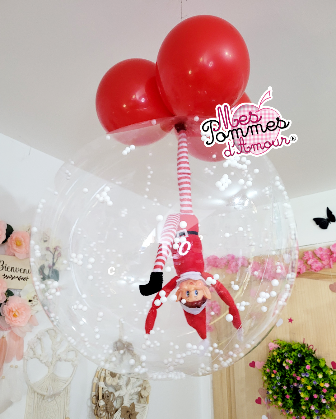 Ballon bulle personnalisé pour Noël avec son lutin farceur à suspendre au plafond