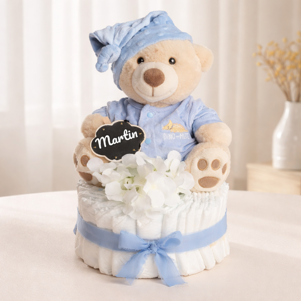 Gâteau de Couches "Douce Nuit" – Coffret Pyjama rose & Peluche Personnalisé garçon