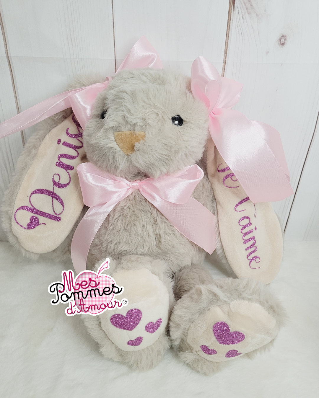 Lapin en peluche nicotoy personnalisé prénom coeur beige