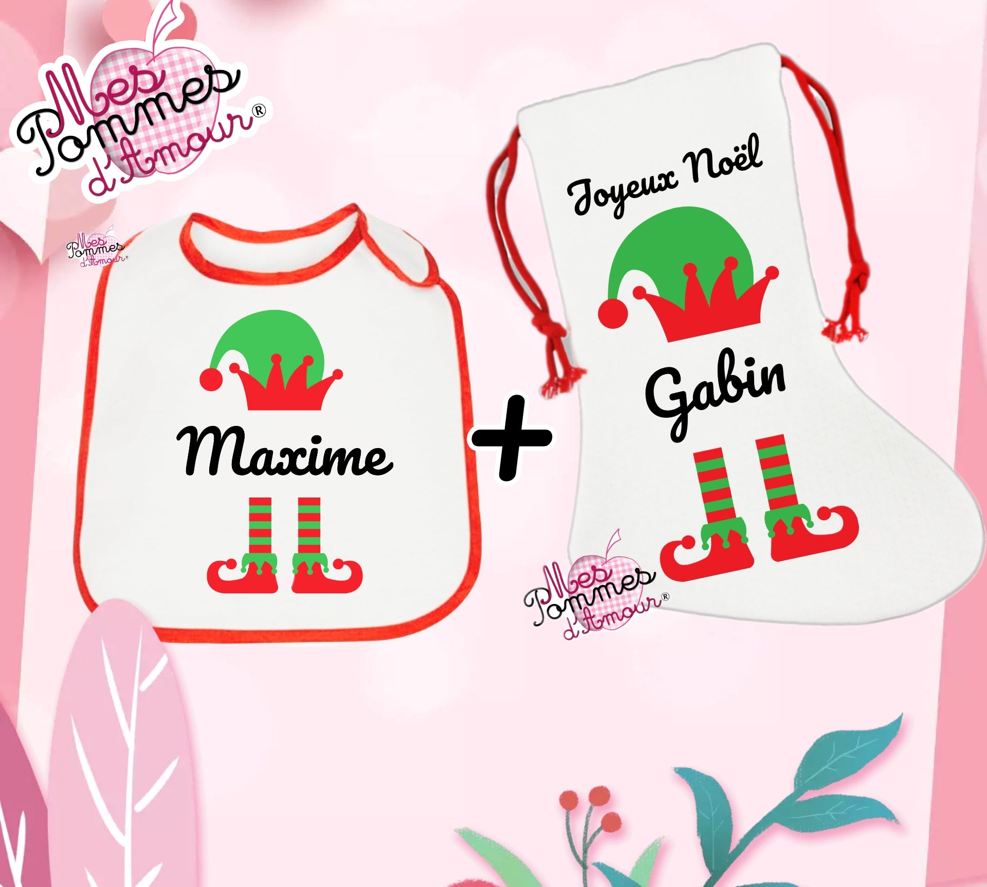 Lot Chaussette + bavoir lutin Noël fille ou garçon