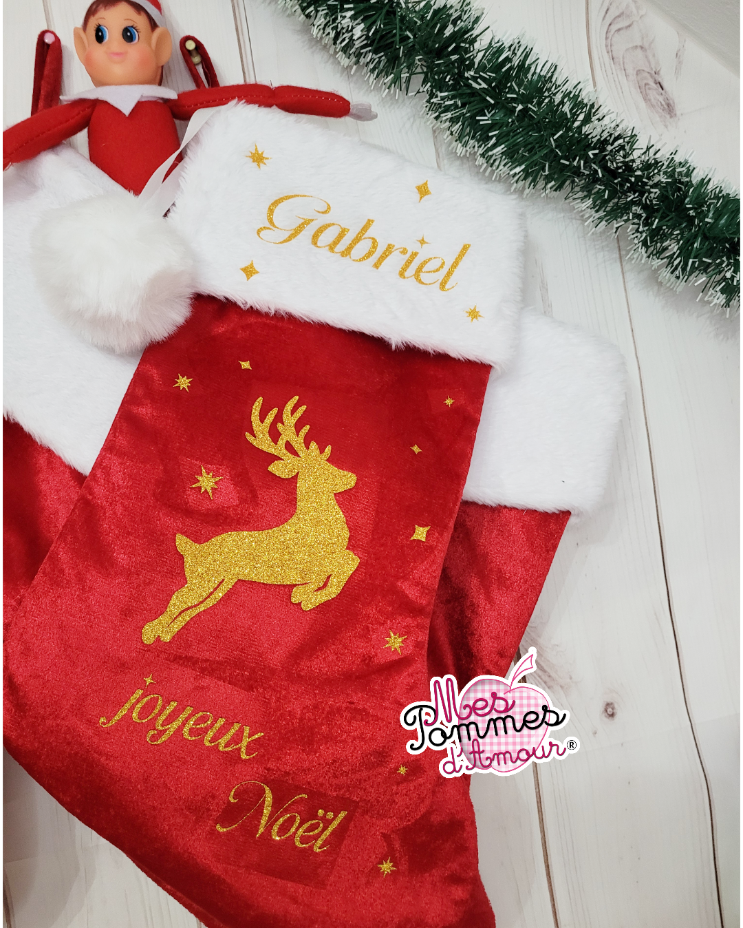 botte et chaussettes de noel personnalisé avec prénom et motif de noël pailletté livraison rapide