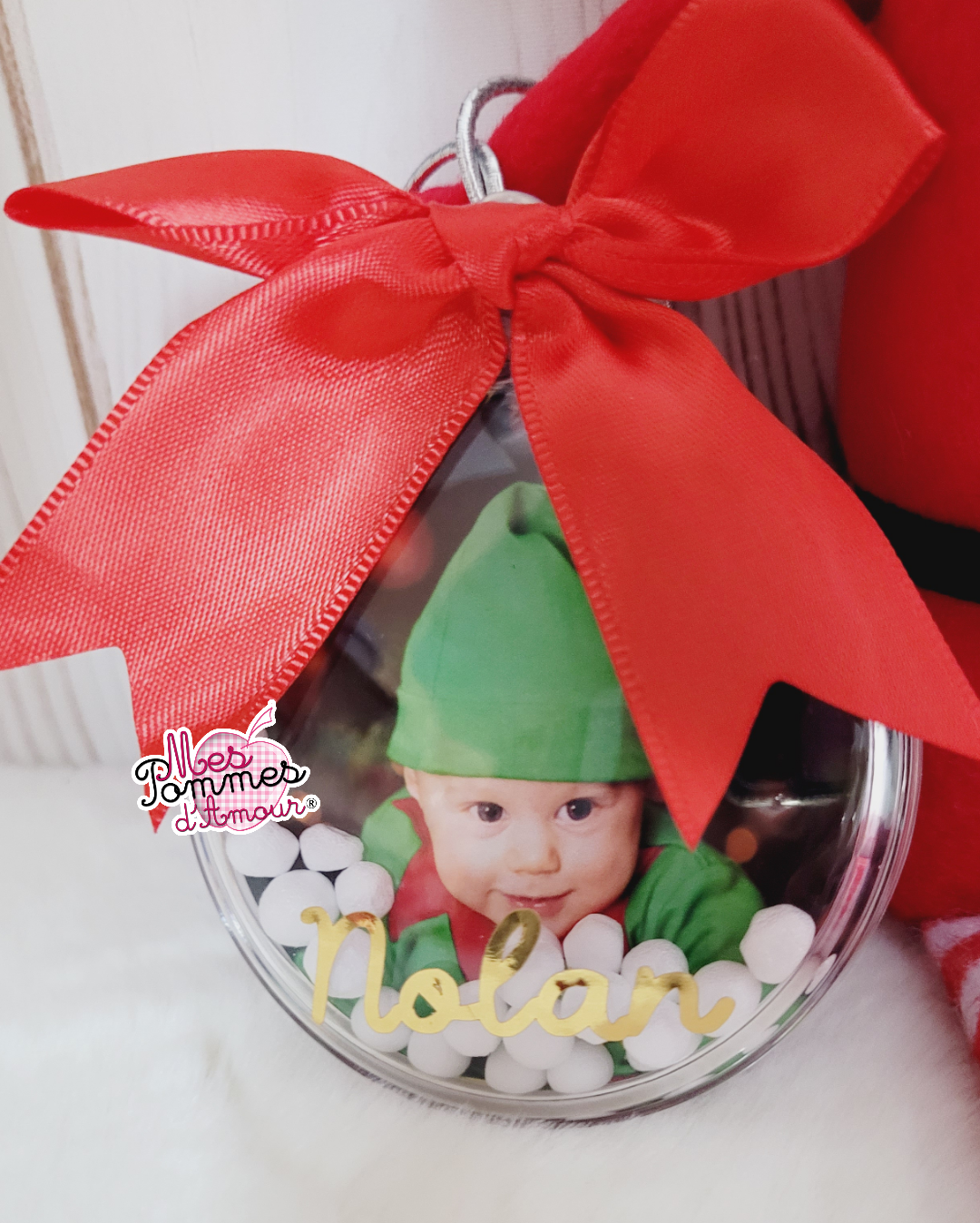 Boule de Noël plate avec photo prénom neige